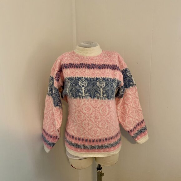VTG 80s 90s Pastel Pink Spunky Crewneck Knit Sweater Turtleneck Cosby Snowflake - Picture 9 of 15